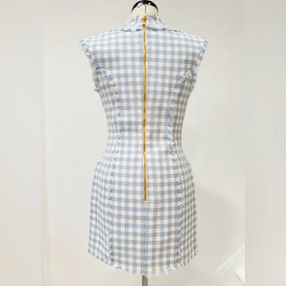BALMAIN Blue & White Frayed gingham cotton-blend tweed Mini Dress FR36
